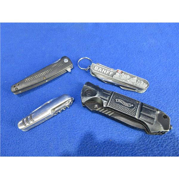 4 Folding Pocket Knives - 2 are Swiss Style, Walther has Broken Tip,