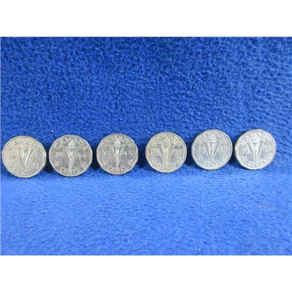6 Canadian 5 Cent Coins - "George VI Victory; Steel" - 1944, 1945 x 5