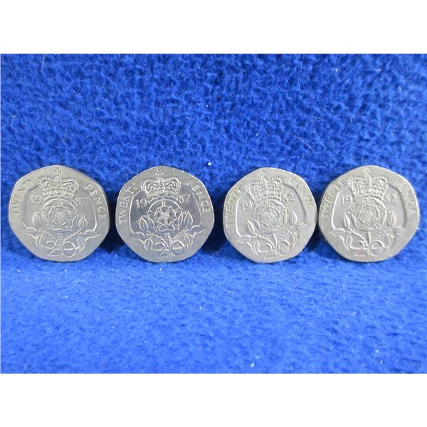 4 UK 20 Pence Coins - 1982 x 2, 1987 x 2