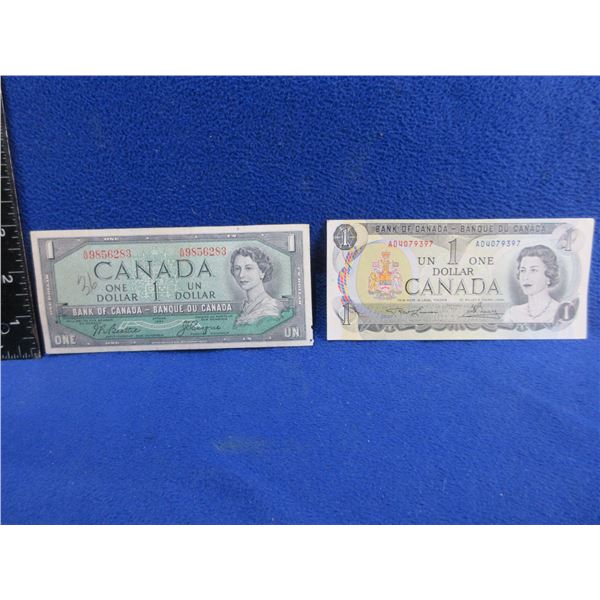 2 Canadian One Dollar Bills - 1954 and 1973