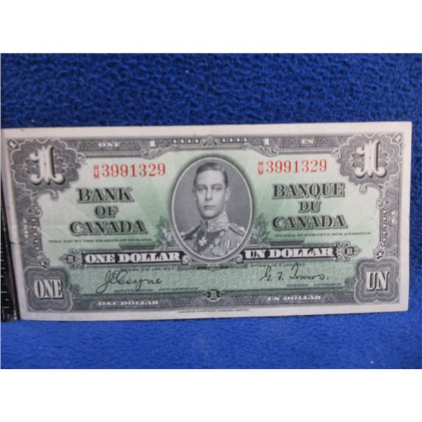1937 Canadian One Dollar Bill - George VI - Has a small tear on the left side