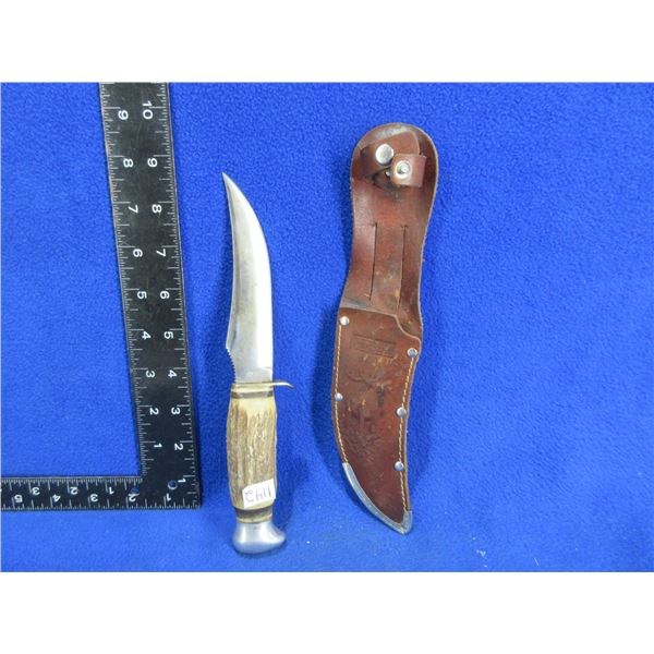 Compass Fixed Blade Knife # 853 w/ Stag Handle & Compass Sheath