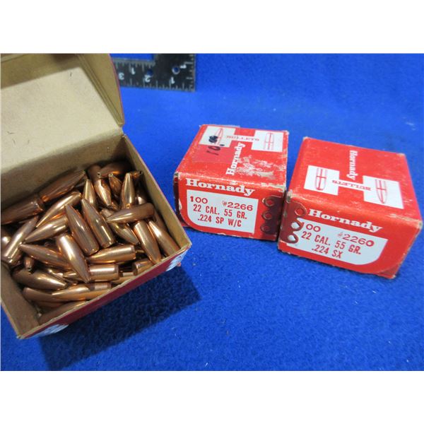 22 Cal. .224" Hornady Bullets - 2 Sealed Boxes of 100, Box of 65