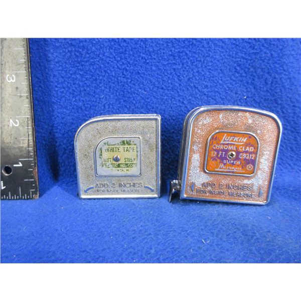 2 Vintage Tape Measures - Atlantic White Tape 10', Lufkin Chrome Clad 12'