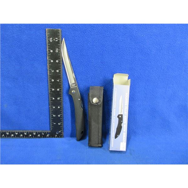NEW - Folding Fillet Knife with Sheath - 4" Stainless Steel Blade