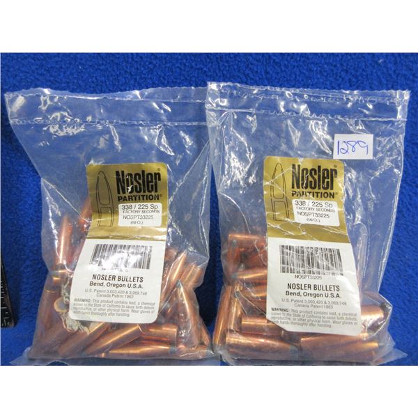 338 Cal. .338" 225gr SP Nosler Partition Bullets - 2 Sealed Bags of 50