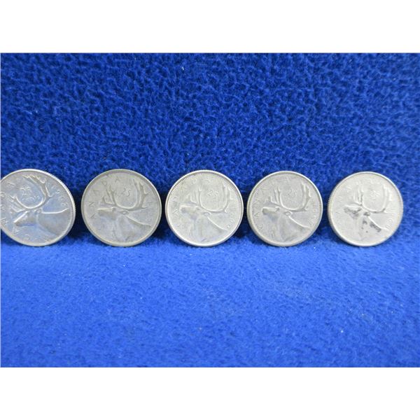 5 Canadian 25 Cent Coins - 1952, 1955, 1957, 1960 (.800 Silver), 1968 (.500 Silver)