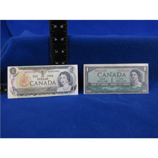 2 Canadian One Dollar Bills - 1954 and 1973