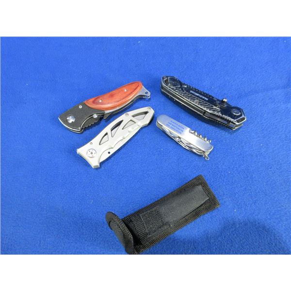 4 Folding Pocket Knives - 3 are Lock Blade, 1 is Swiss Style w/ Sheath