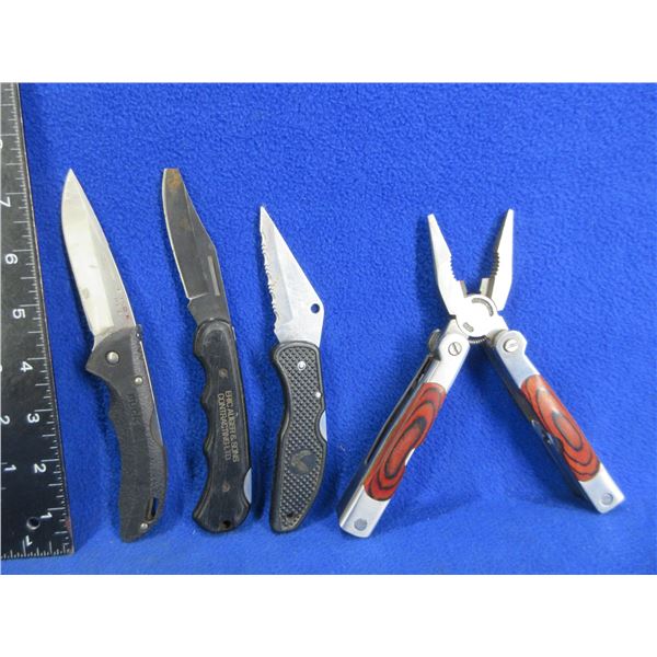 3 Folding Blade Lock Knives & Multi-Tool Pliers - Blade Tip Broken on 1 Knife