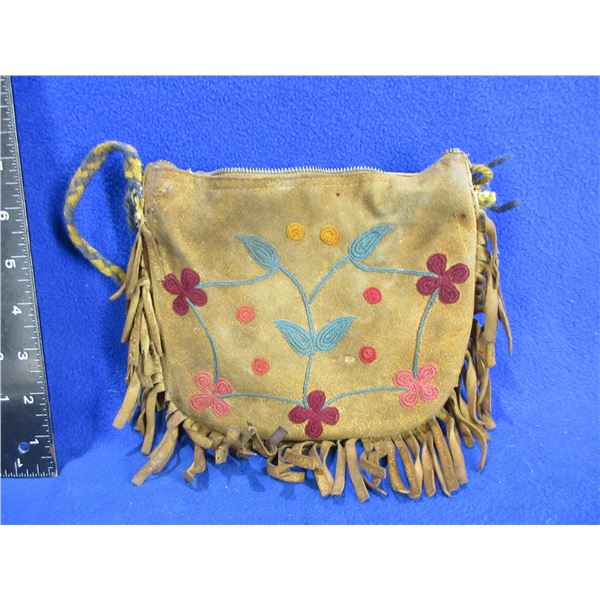 Native American Leather Hand Bag with Fringes and Embroidery