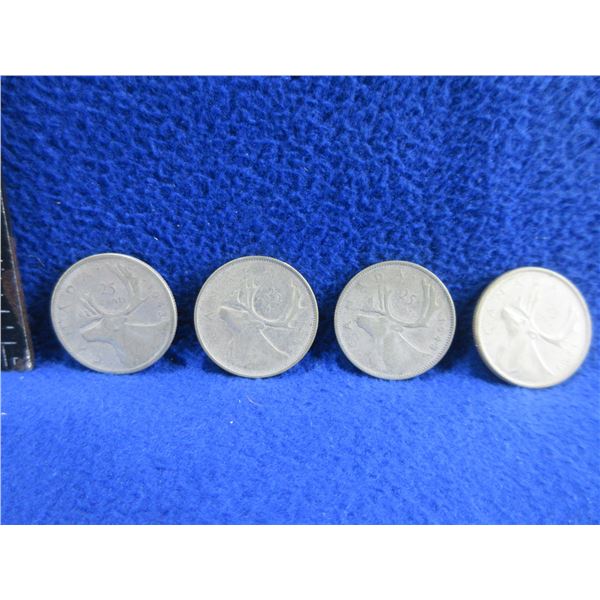 4 Canadian 25 Cent Coins - .800 Silver - 1943 x 2, 1954, 1961