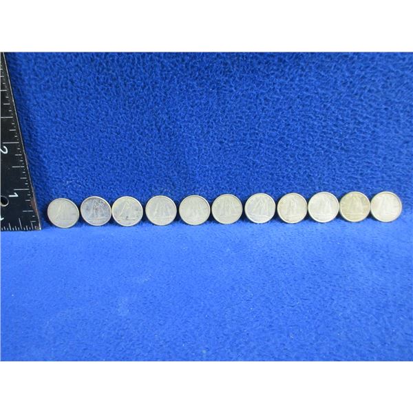 11 Canadian 10 Cent Coins - .800 Silver - Ranging 1951 - 1964