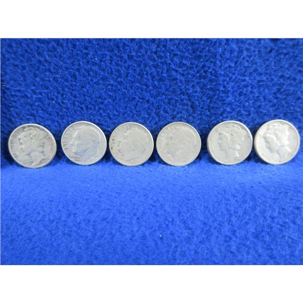 6 USA Dimes - .900 Silver - Ranging 1944 - 1957