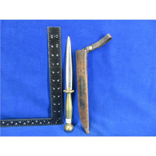 Dagger with Brass Handle & Incorrect Leather Sheath - 6 1/4" Blade