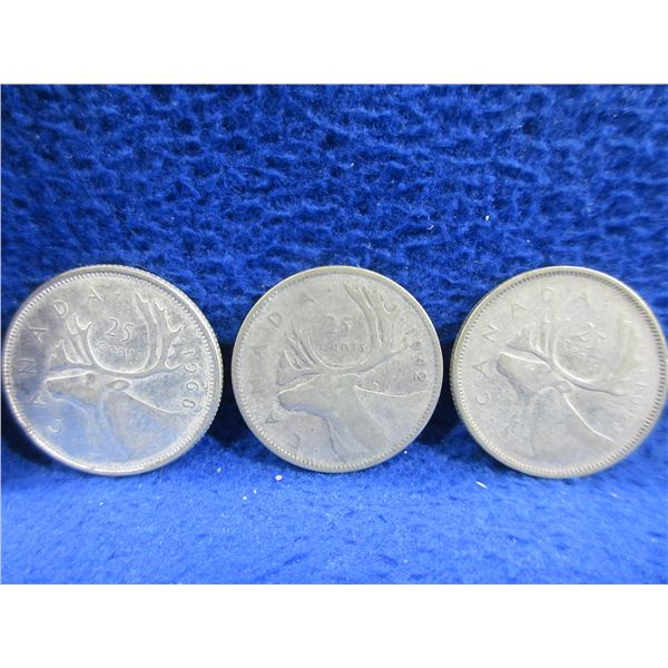 3 Canadian 25 Cent Coins - .800 Silver - 1942, 1953, .500 Silver - 1968