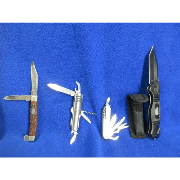 4 Folding Pocket Knives - 2 Swiss Style, 1 Lock Blade, 1 Damaged