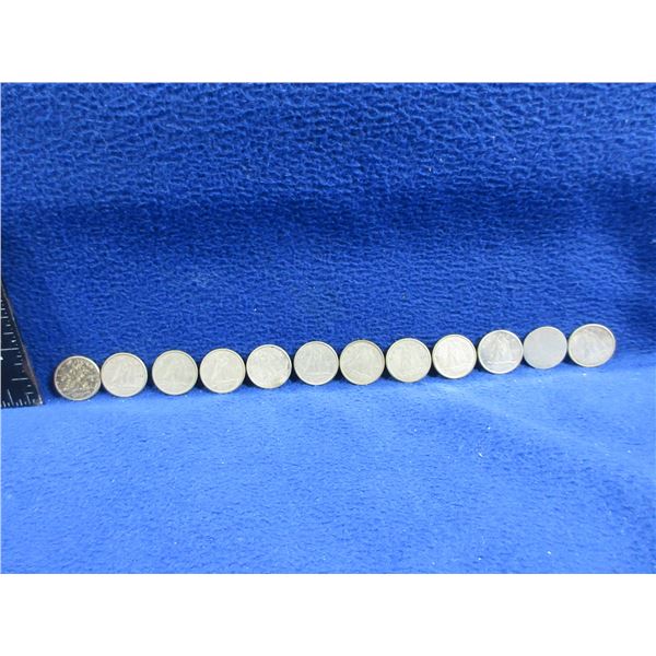 12 Canadian 10 Cent Coins - .800 Silver - Ranging 1953 - 1962
