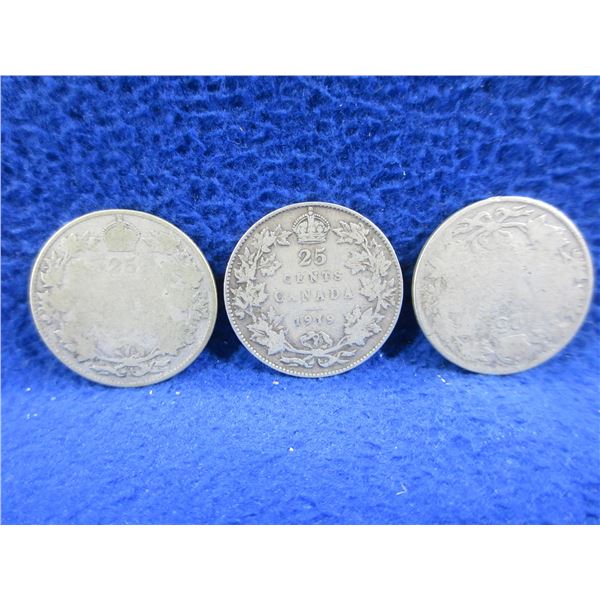 3 Canadian 25 Cent Coins - "George V" .925 Silver - 1919 x 2, Date Illegible