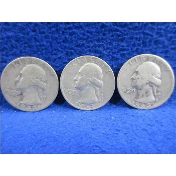 3 USA 1/4 Dollar Coins "Washington Silver Quarter" - .900 Silver - 1943 x 2, 1953