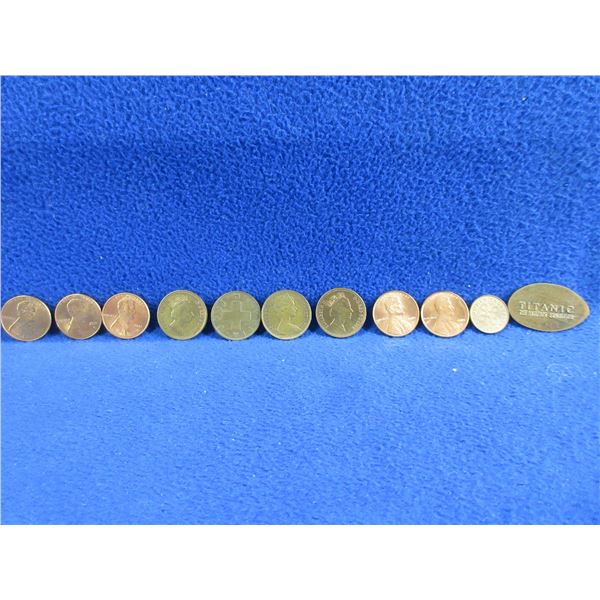 11 Assorted Pennies - USA, UK, Swiss, Etc.