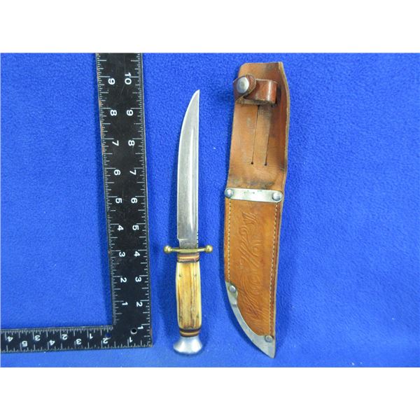 Vintage Solingen Fixed Blade Knife w/ Leather Sheath & Stag Handle