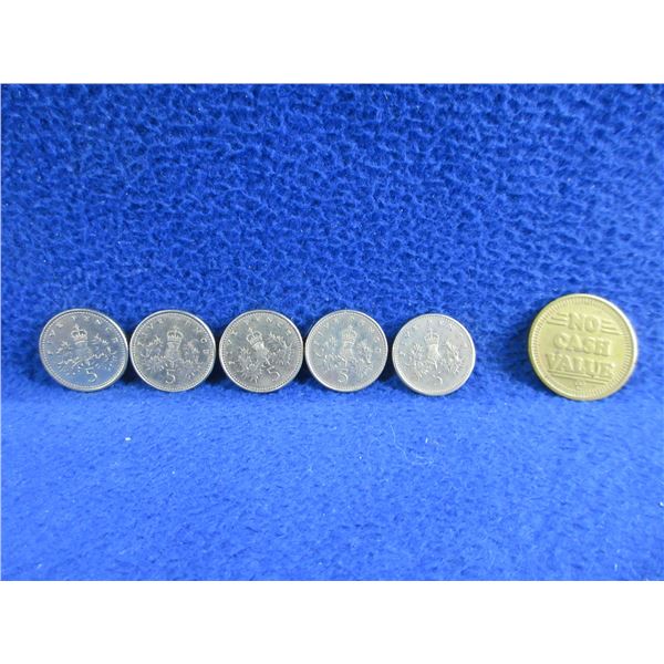 5 UK Pence Coins - 1990 x 4, 1991 and a Token