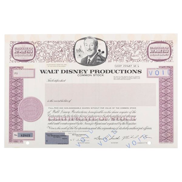 A Walt Disney Productions Stock Certificate.