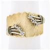 Image 1 : Vintage 14k Gold Diamond Florentine Finish Scalloped Edge Concave Wide Band Ring