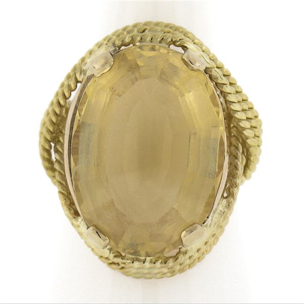Vintage 18k Gold 10.84 ctw Oval Citrine Twisted Wire Frame Large Cocktail Ring