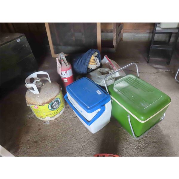 3 Coolers, 20lbs Propane Tank, Fire Extinguisher, 