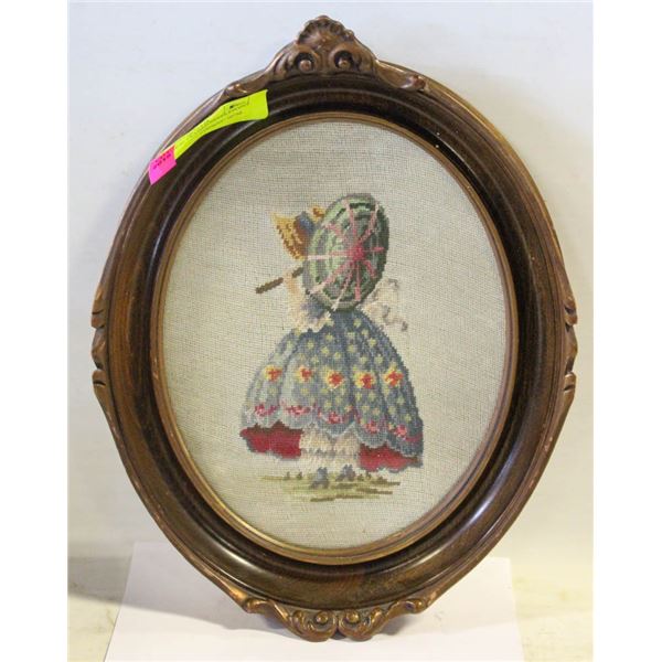 WOOD OVAL FRAMED NEEDLEPOINT OF GIRL