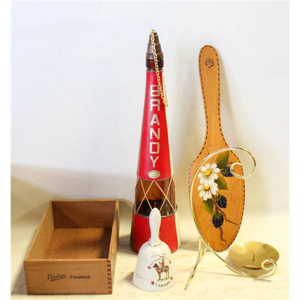 VINTAGE WOOD CIGAR BOX + CANDLE HOLDER + MORE