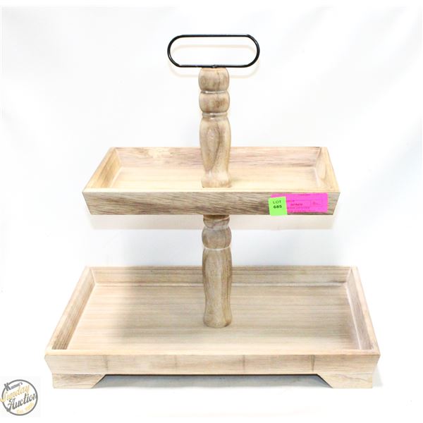 NEWLY ASSEMBLED 2-TIER WOODEN FOOD SERVING TRAY