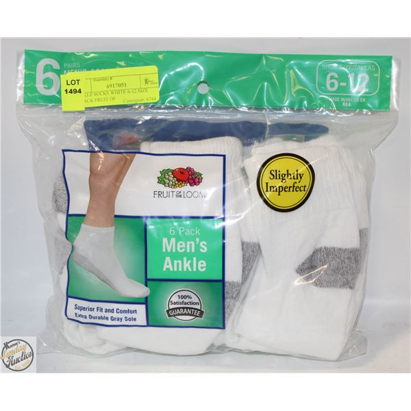 ANKLE SOCKS WHITE 6-12 SIZE 6-PACK FRUIT OF THE LO