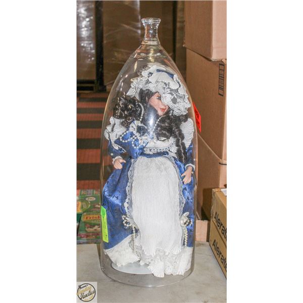 PORCELAIN DOLL ON STAND INSIDE GLASS CASE