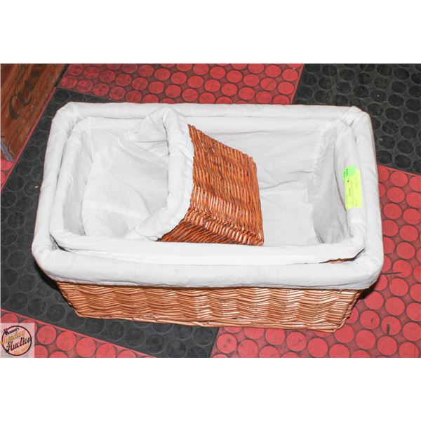 3 VARIOUS SIZE LINED WICKER BASKETS