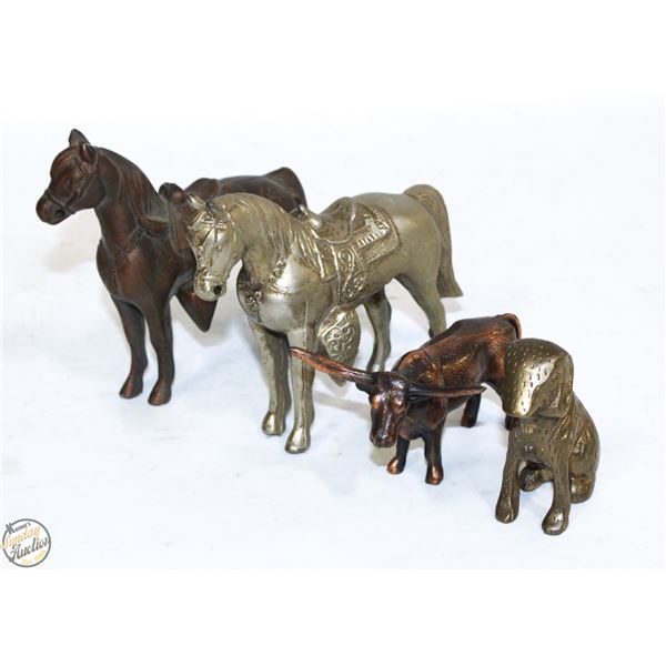 METAL ANIMALS HORSES, DOG & BULL/STEER