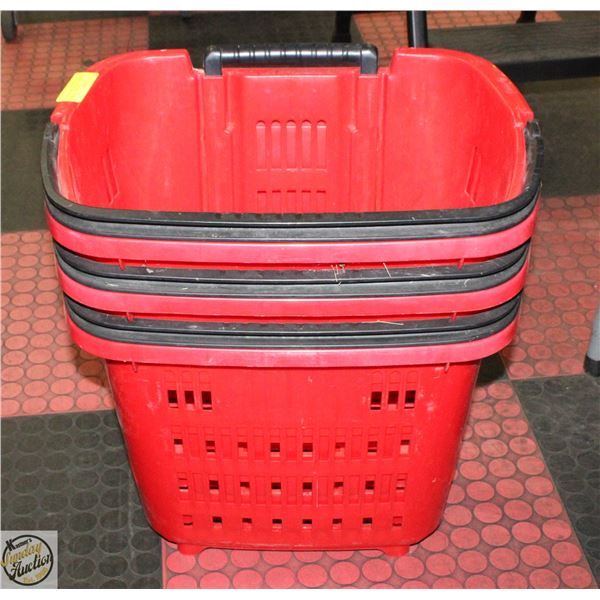 3 ROLLING RED PLASTIC BASKETS BLACK HANDLES