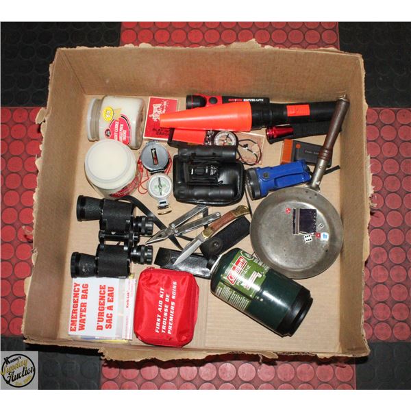 LARGE FLAT OF EMERGENCY/CAMPING SUPPLIES