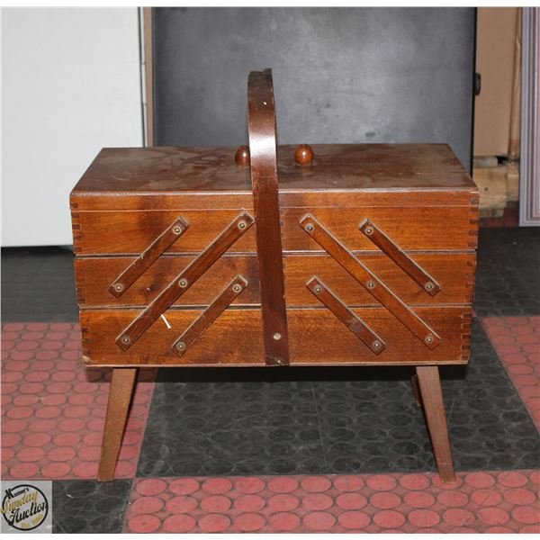 VINTAGE 3 TIER FOLD OUT SEWING BOX WITH CONTENTS