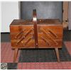Image 1 : VINTAGE 3 TIER FOLD OUT SEWING BOX WITH CONTENTS