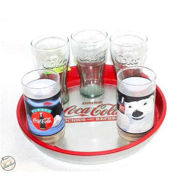COCA-COLA SERVING TRAY WITH 5 COLA GLASS