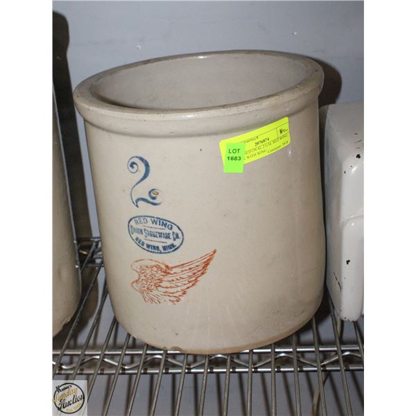 REVERSED OVAL 2 GAL RED WING CROCK WITH WING