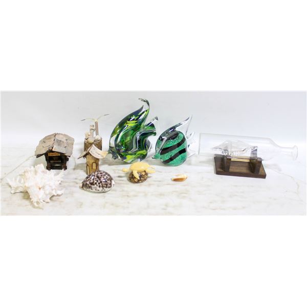 ESTATE ART GLASS FISH, ART GLASS SHIP IN A