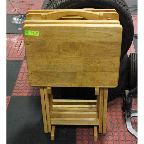 WOODEN TV TRAY SET OF 4 ON RACK