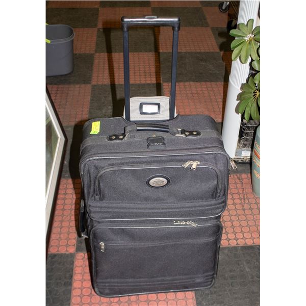 2 BLACK ROLLING SUITCASES (1 SMALLER ZIPPED