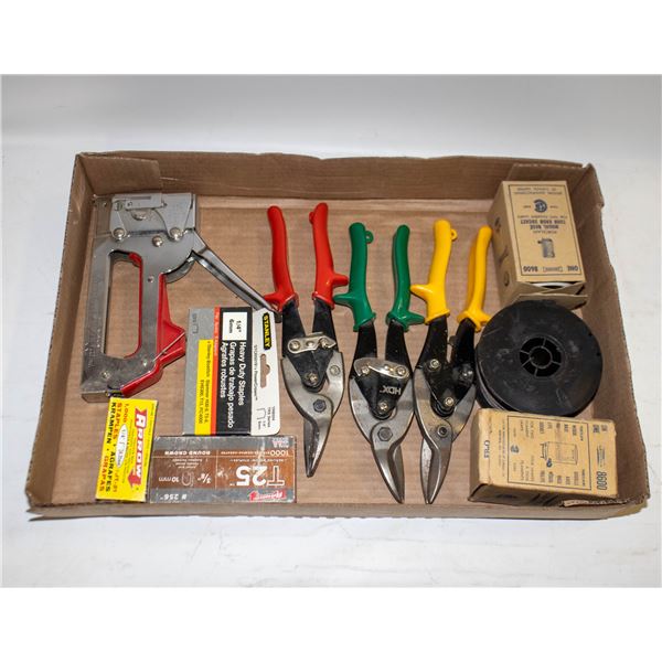SET 3 TIN SNIPS, STAPLER, ROLL OF TY WIRE