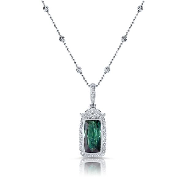 BARANOF JEWELERS: Natural Sea Green Tourmaline and Diamond Pendant Set in 14K White Gold