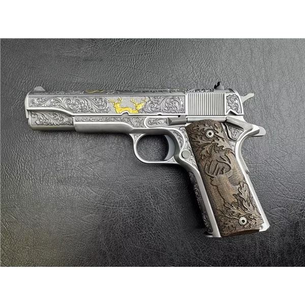 IN-ROOM ONLY BIDDING: FRIEND OF DSC: Engraved, Gold Plated Colt 1911 Whitetail Woodsman in .45 ACP
